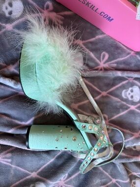 Sugar Thrillz Mint Feather Block Heel Sandals with Rhinestones